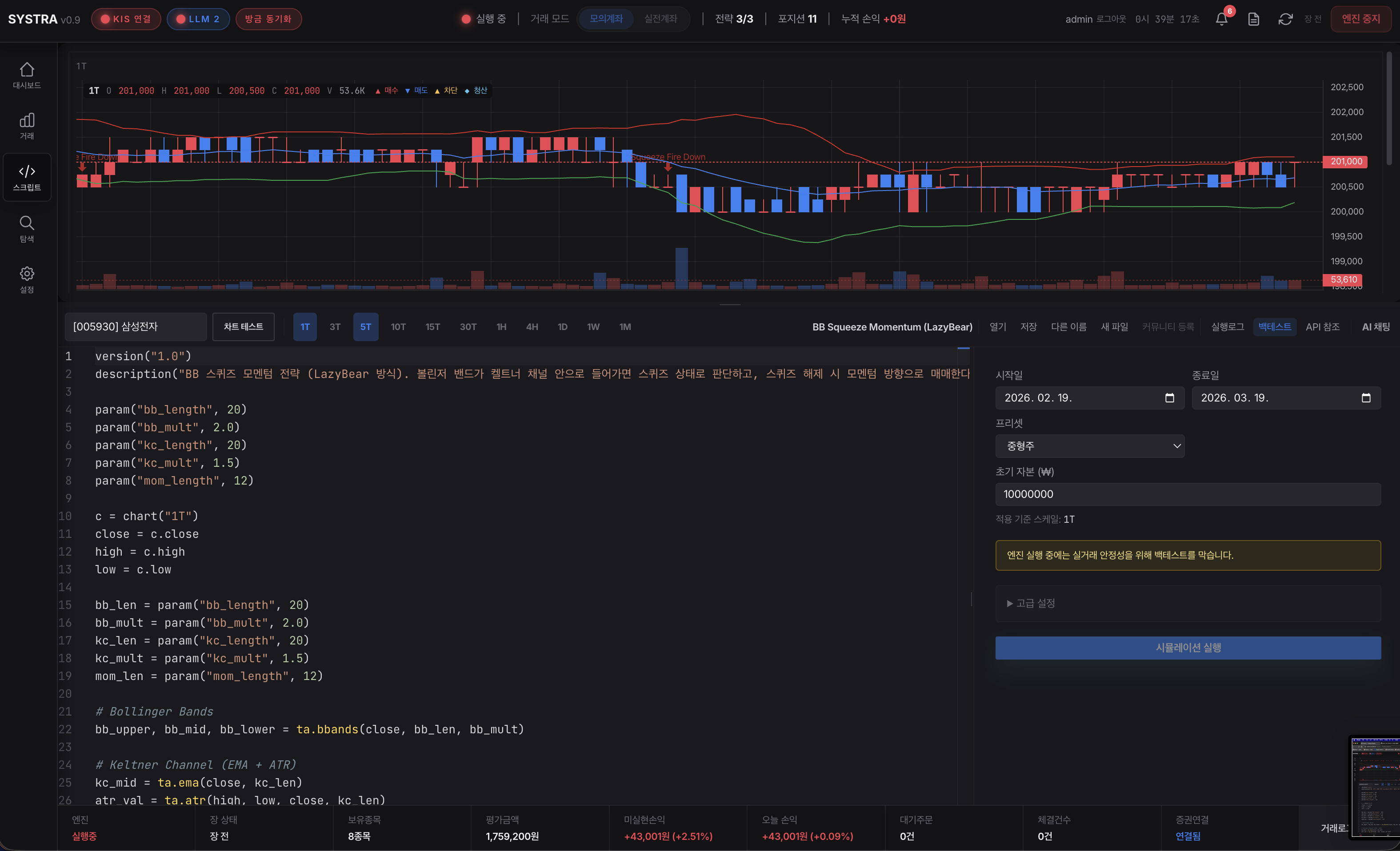 QUANTIQ 스튜디오 코드 에디터와 백테스트 화면